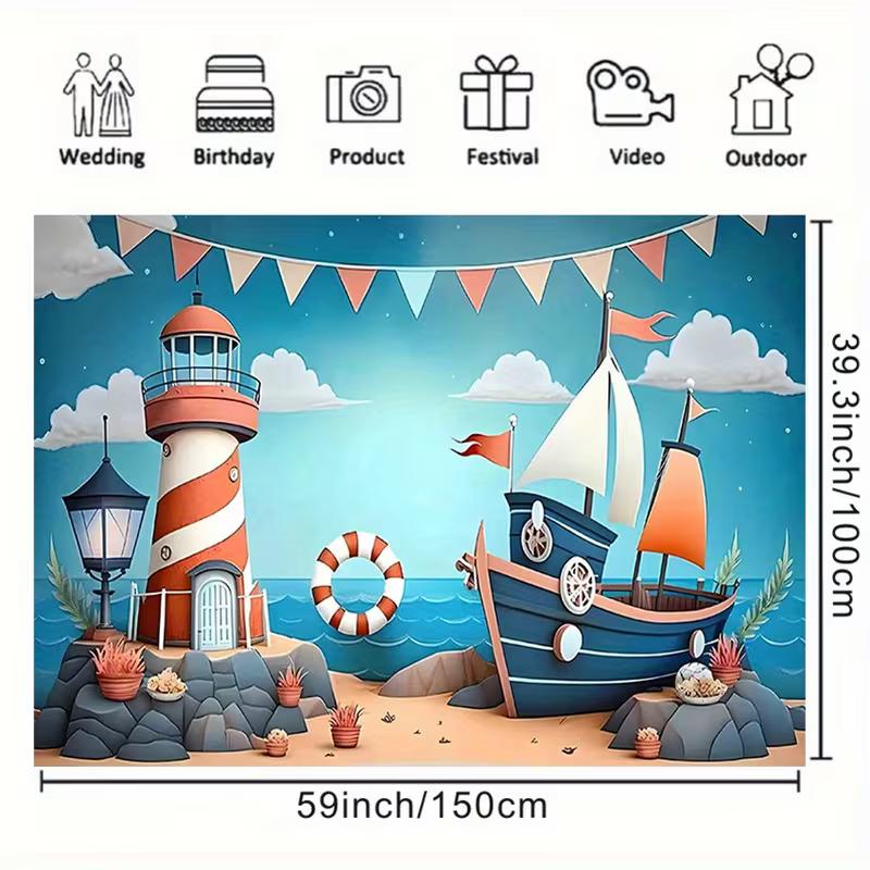 2D Lighthouse Sailboat Beach Backdrop Kids Ocean Themed Photography Background