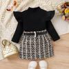 Children's Clothing Girls Autumn Winter Mid-Neck Long Sleeve Woven Tweed Short Skirt Belt Trendy Style Toddler Outfit