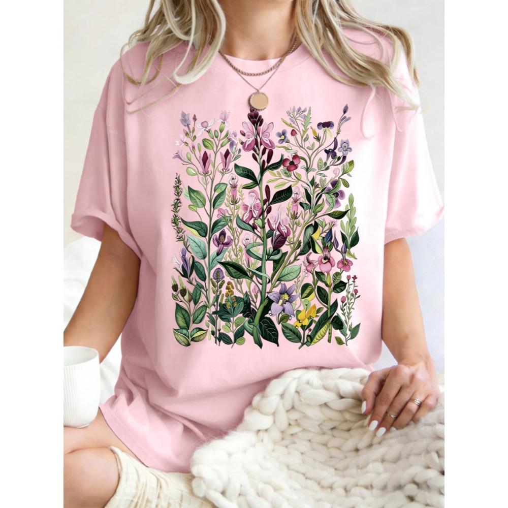 Having Different Beautiful Flowers Design T Shirts Women Cotton Summer T-Shirt Loose Casual Clothes Breathable Crewneck Top
