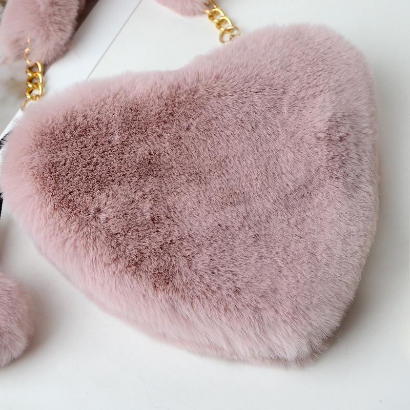 SCIONE Fashion Cute Plush Heart-shaped Bag Female Furry Love Handbag Chain Peach Heart Bag