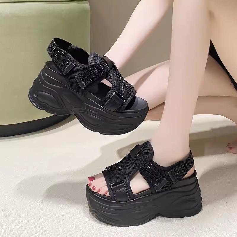 fashion 9cm Chunky Rhinestone Mesh Breathable Sports Dad Sandals Women's Summer New Style Thick Sole Heightening Platform Casual Sandals