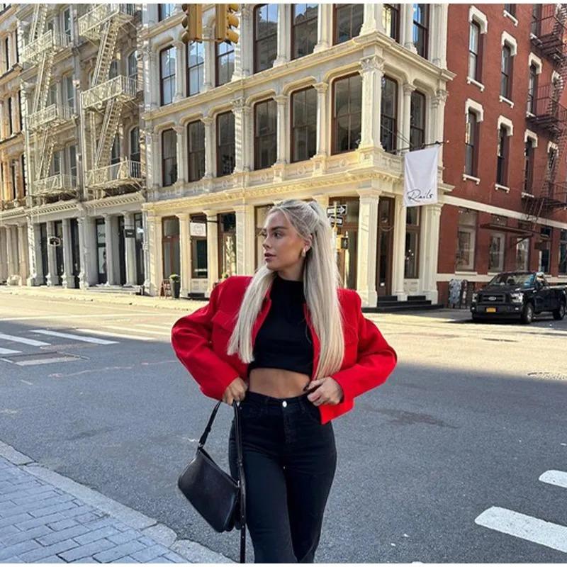 Red Short Coat Women Veste Fashion Suit Jacket Long Sleeve Turndown Slim Female Coats 2023 Autumn Winter Lady Commuter Tops Streetwear Jacket Overcoat