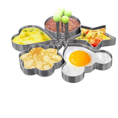 5-teilige Eierringform aus Edelstahl mit Griff, runde, antihaftbeschichtete Pfannkuchen-Omelettform für die Bratpfanne, Eierformer für Zuhause und die Küche