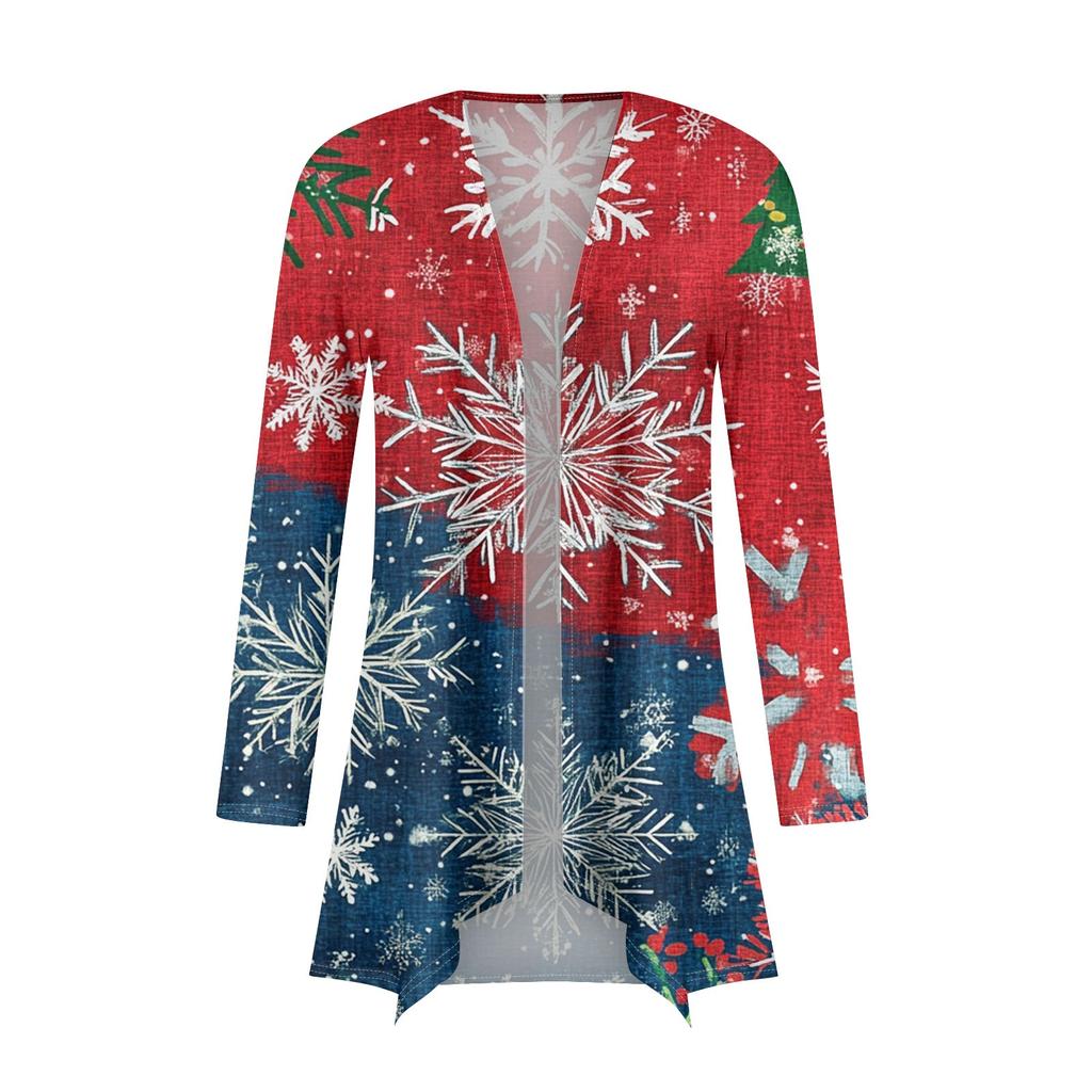 Dame Mote Casual Jul Print Medium Lengde Cardigan Jakke Kåpe