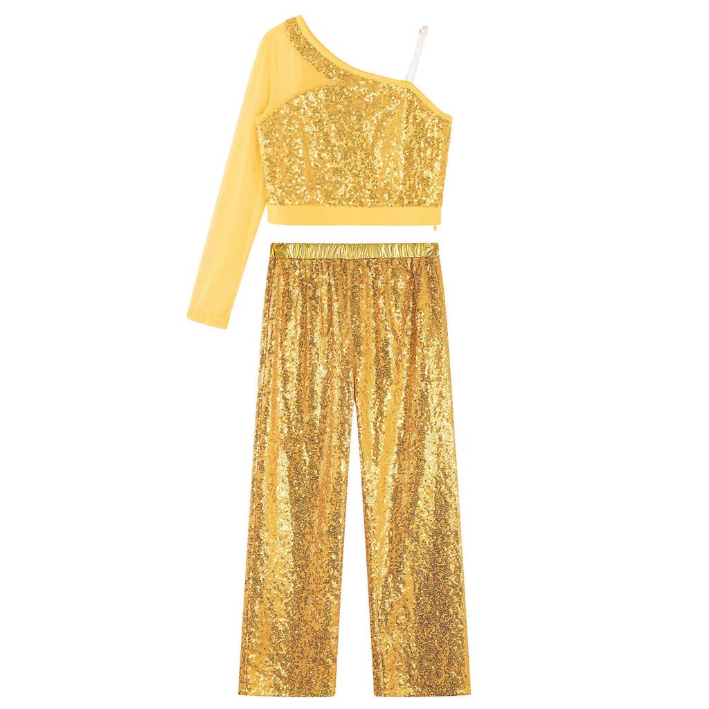 Mädchen Glitzernde Pailletten Tanzkostüm Durchsichtiges Netz Langarm Ein Schulterfreies Crop Top Hohe Taille Weite Hosen