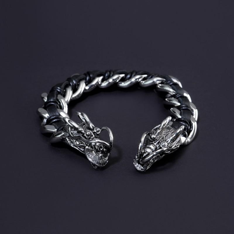 Stainless Steel Dragon Head Double Clasp Bracelet Men Hip Hop Style Braided Leather Band