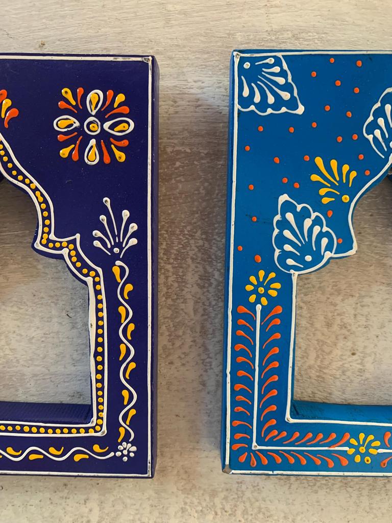 Hand-Carved Wooden Mehrab Wall Frame: Rajasthani Painted Jharokha (Set of 4)