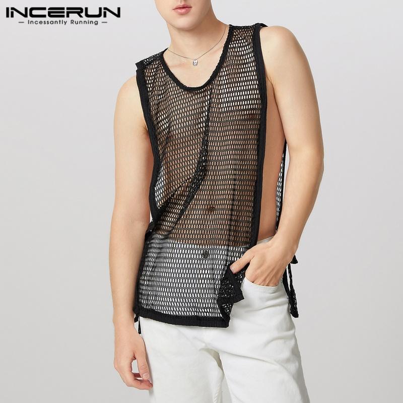 INCERUN Men Sleeveless Side Split Lace-up Hollow Long See Through Tank Tops