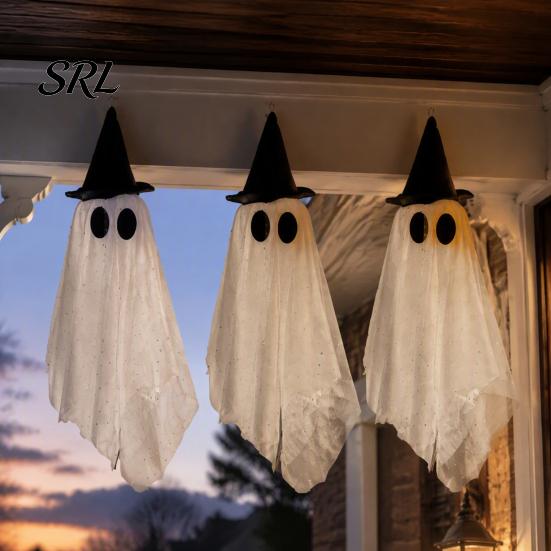 Indoor Halloween Party Props 3 Pcs Hanging Ghost Decoration, Spooky Large Mesh Three Piece Set with Witch Hat for Porch, Yard, Entryway, Haunted House