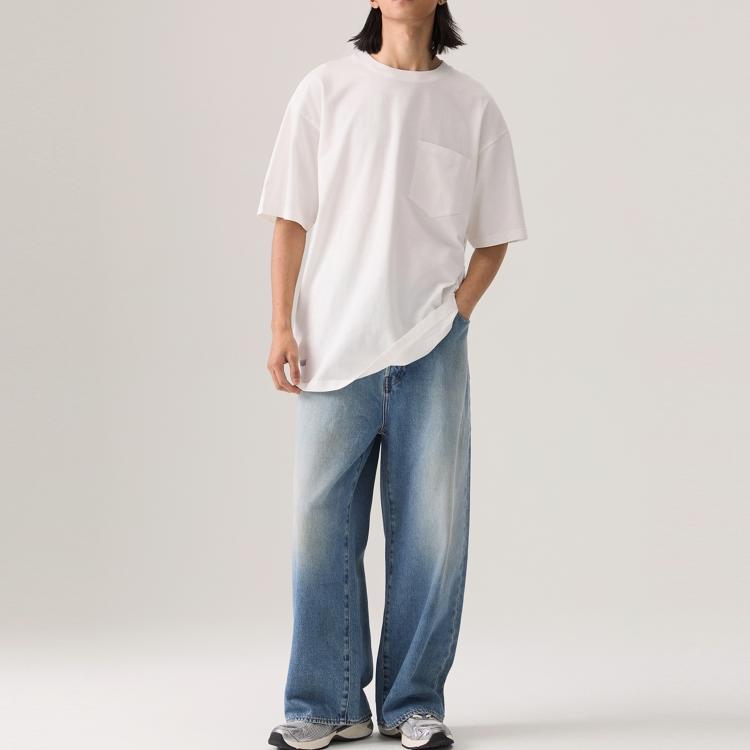 Levis Loose Casual Versatile Comfortable Ribbed Round Neck Short Sleeve T-Shirt Men Tops White 003L0-0000