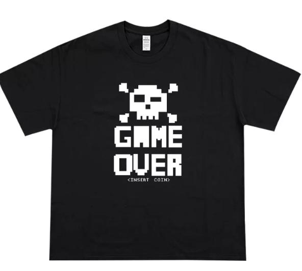 Classic pixel-style 80s/90s era game print short-sleeved T-shirt for men and women. 100% cotton shirt.