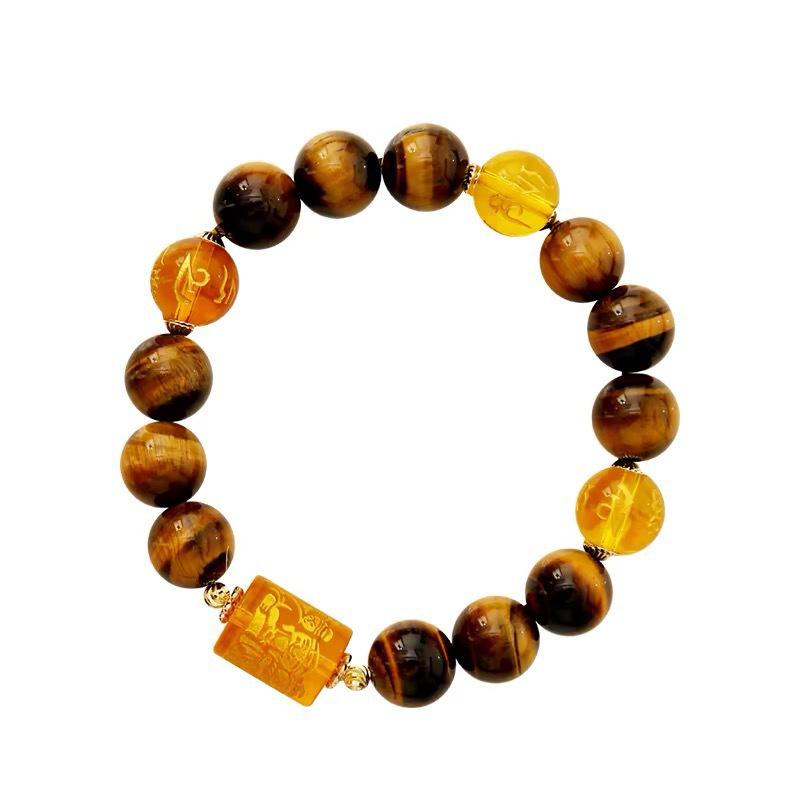 Yellow Tiger Eye Three-Faced Wealth God Beaded Bracelet with Six-Character Mantra Crystal for Women, Exuding a High-End Feel. 10mm Yellow Wealth God Tiger Eye Beaded Bracelet