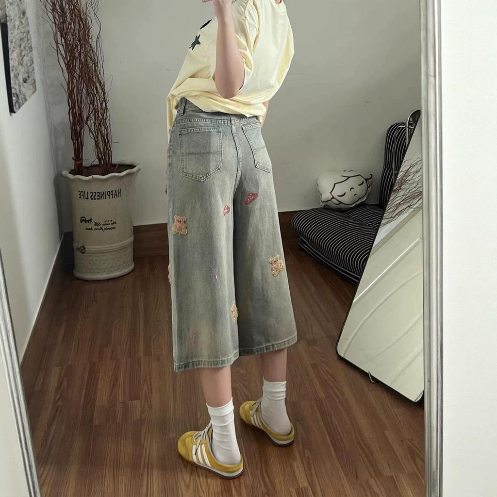 Women's High Waist Cute Embroidered Distressed Cropped Jeans Loose Wide Leg Denim Culottes