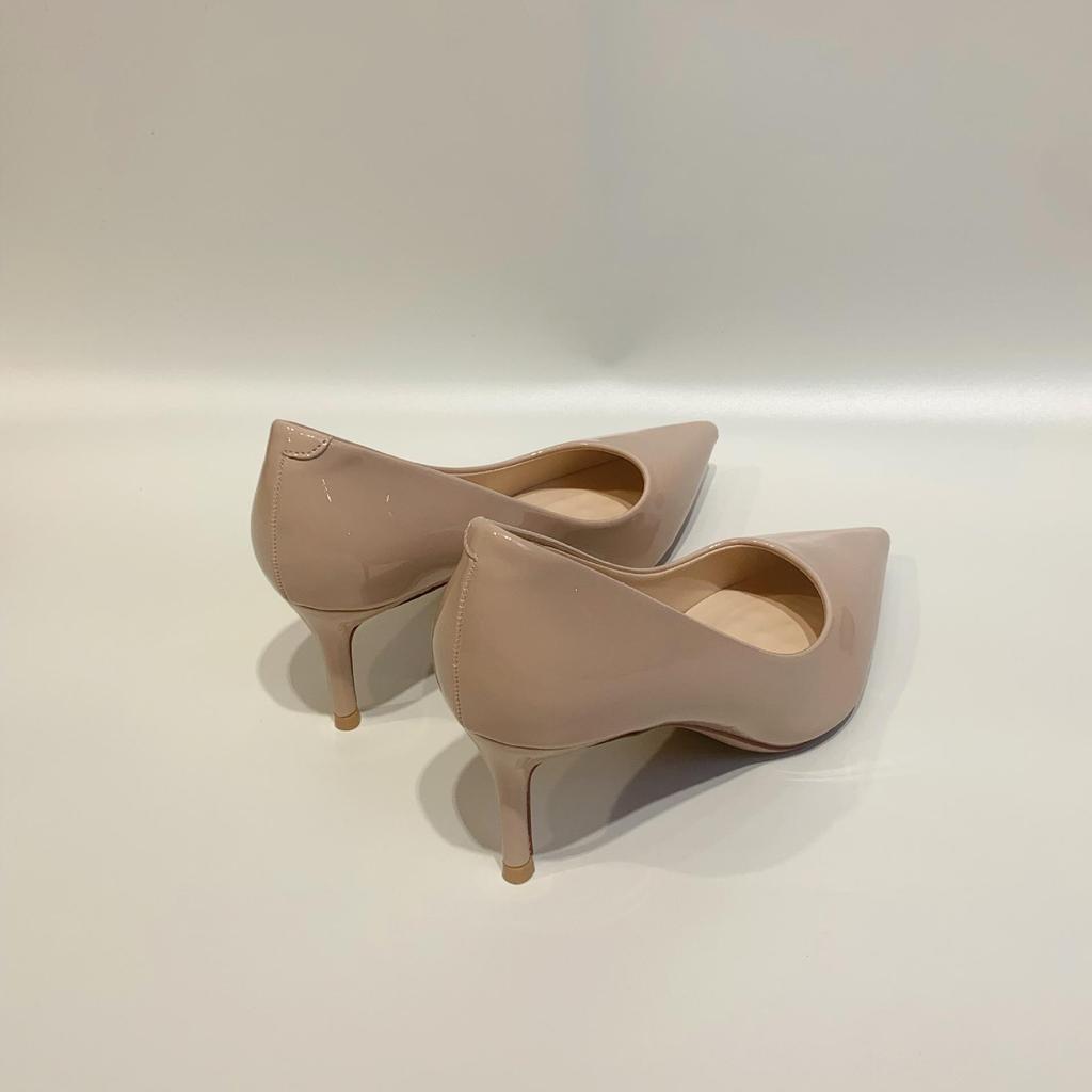 Women's Nude Patent Leather Pointed Toe Stiletto Heels - Comfortable, Low-Cut, Professional Work Shoes