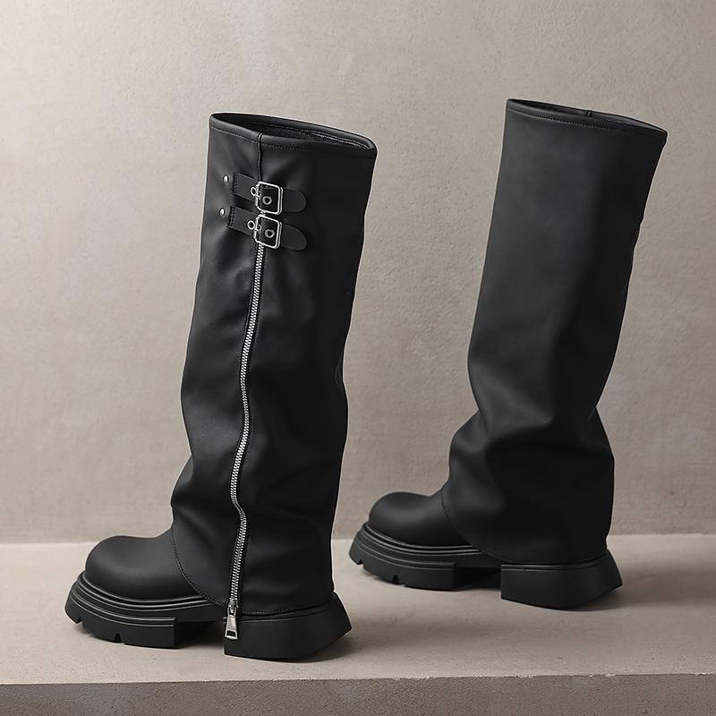 Zipper Turned-over Edge Women's Boots Autumn Round Toe Solid Mid Heeled Water Proof Korean Style Boots  Fashion Ladies Shoes