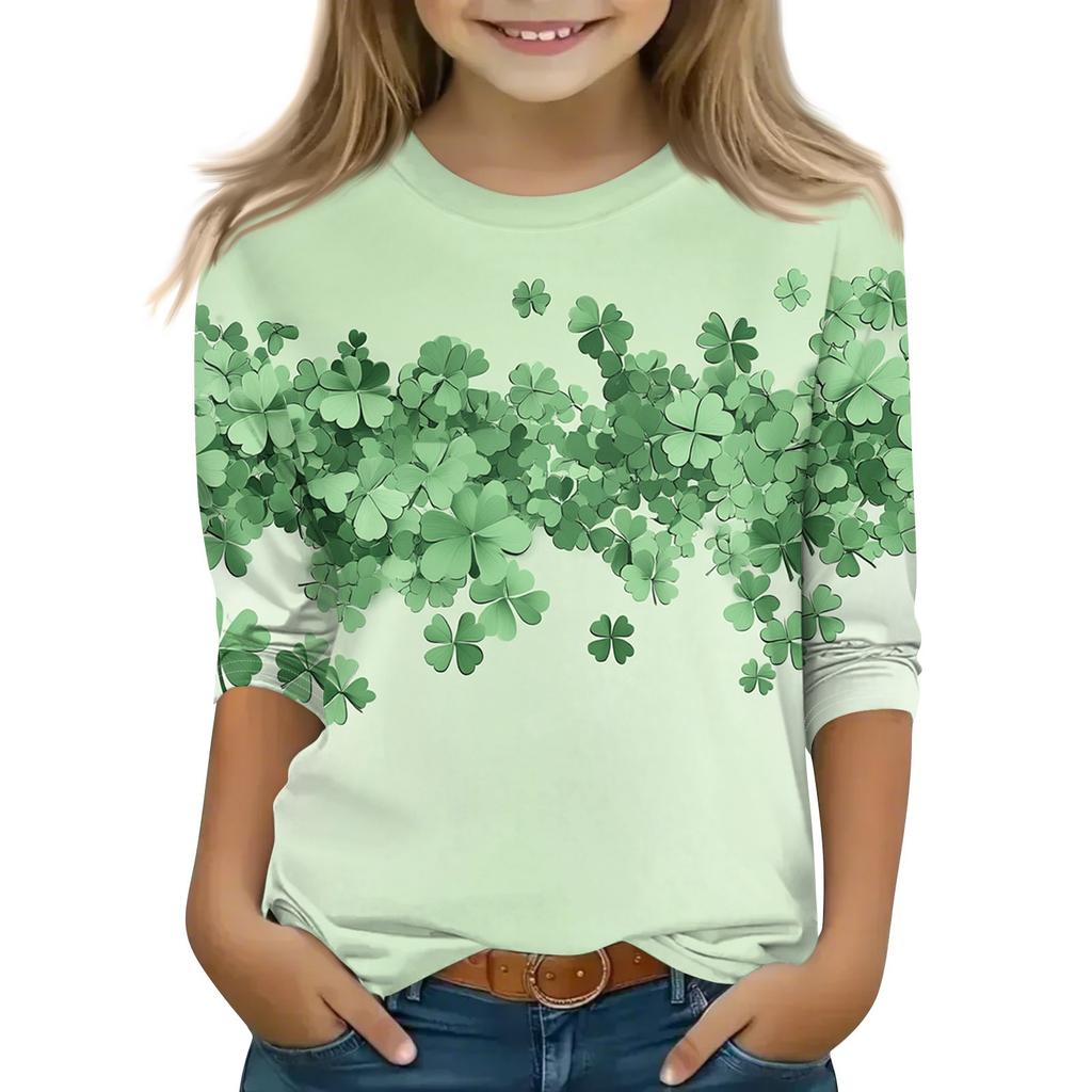 Bedruckte Oberteile für junge Mädchen von 5–16 Jahren, Rundhalsausschnitt, 3/4-Ärmel, T-Shirts, trendige Oberteile, Outfit-T-Shirts