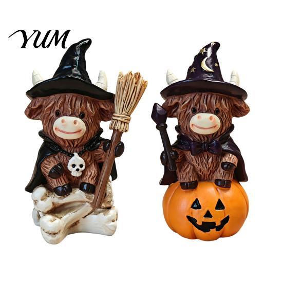 Unique Holiday Presents 2Pcs Halloween Highland Cow Witch Ornament, Resin Figurine with Hat Pumpkin Broom Farmhouse Table Ornaments & Skull,