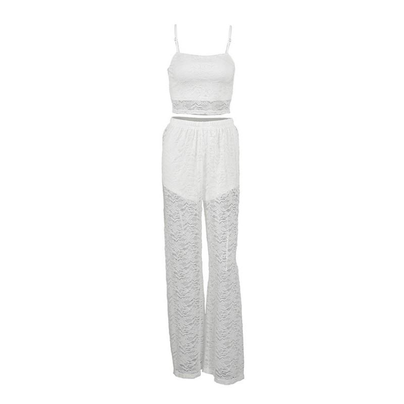 Womens 2026 Elegant White Lace Camisole Top Wide Leg Pants 2 Piece Set Casual Office Date Outfit