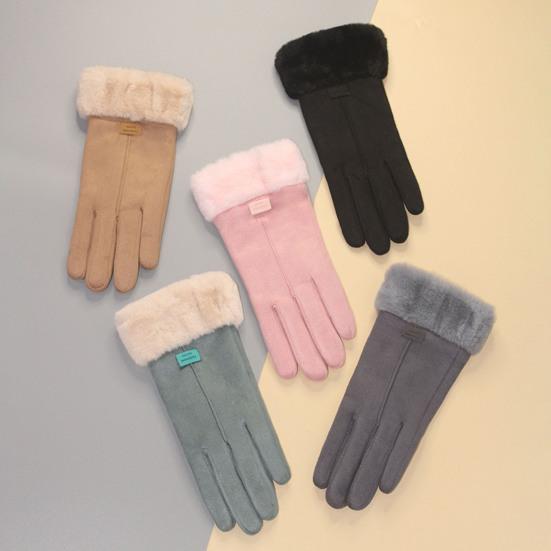 1 Pair Letter Logo Anti-slip Windproof Solid Color Suede Gloves Women Winter Fluffy Cuffs Touch Screen Driving Gloves