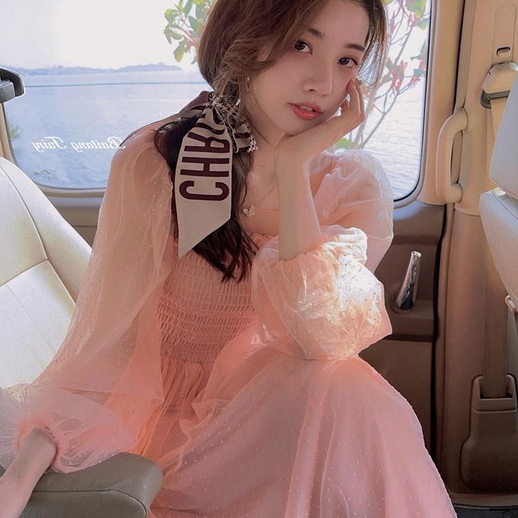 

YYFS Женская мода весна-осень однотонный принт длинный рукав квадратный воротник высокая талия повседневные платья L розовый