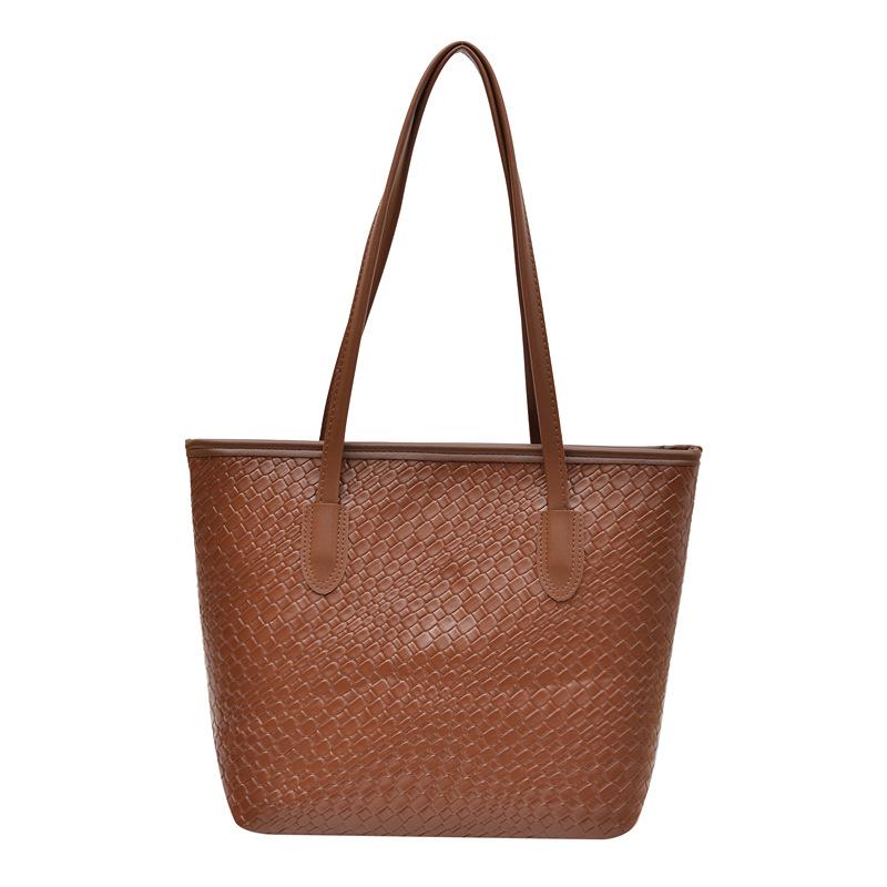 2026 Early Autumn Woven Texture Large Capacity Casual Tote Bag - Trendy Solid Color Single Shoulder Style