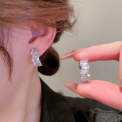 Huitan Oval Cubic Zirconia Hoop Earrings for Women New Modern Design Lady's Fashion Earrings Silver Color Statement Jewelry