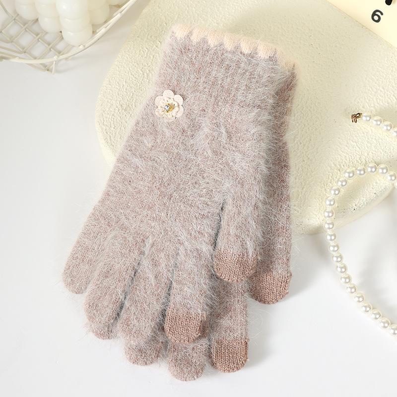 Finger gloves winter women's new thickened warm solid color cute student cycling cold-proof wool gloves women