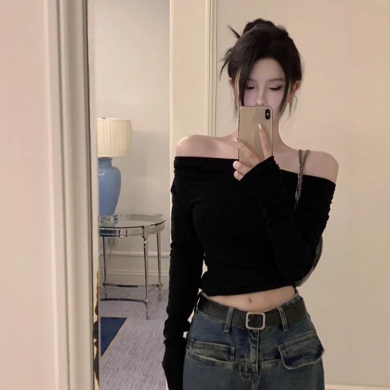 Spice Girl A Line Shoulder Velvet Long Sleeve T-shirt Women Early Autumn Off-the-shoulder Slim Irregular Short Base Top