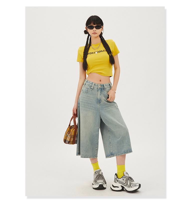 Shorts di Jeans Americani Retro a Vita Alta da Donna - Gamba Larga - Estate 2025 Vestibilità Slim