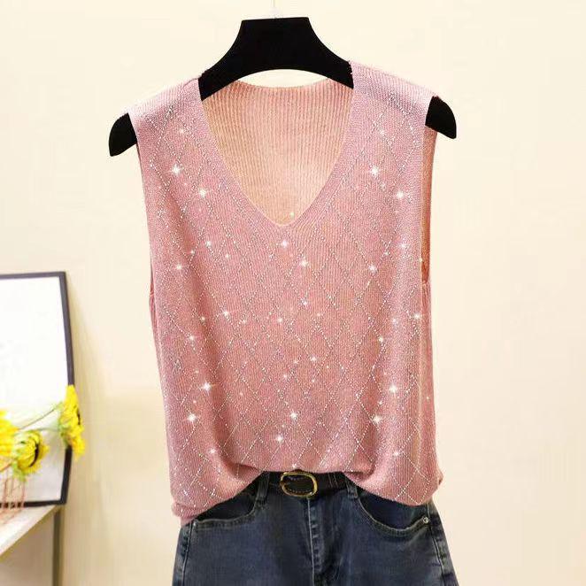 2023 Shiny Silk Sleeveless V-Neck Women's Vest - Spring/Summer New Style, Loose Fit with Hot Diamond Sling Knitted Design