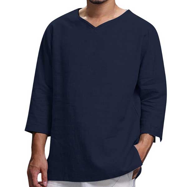Men's Summer Long Sleeved V Neck Cotton and Linen Loose Plus Size Shirt