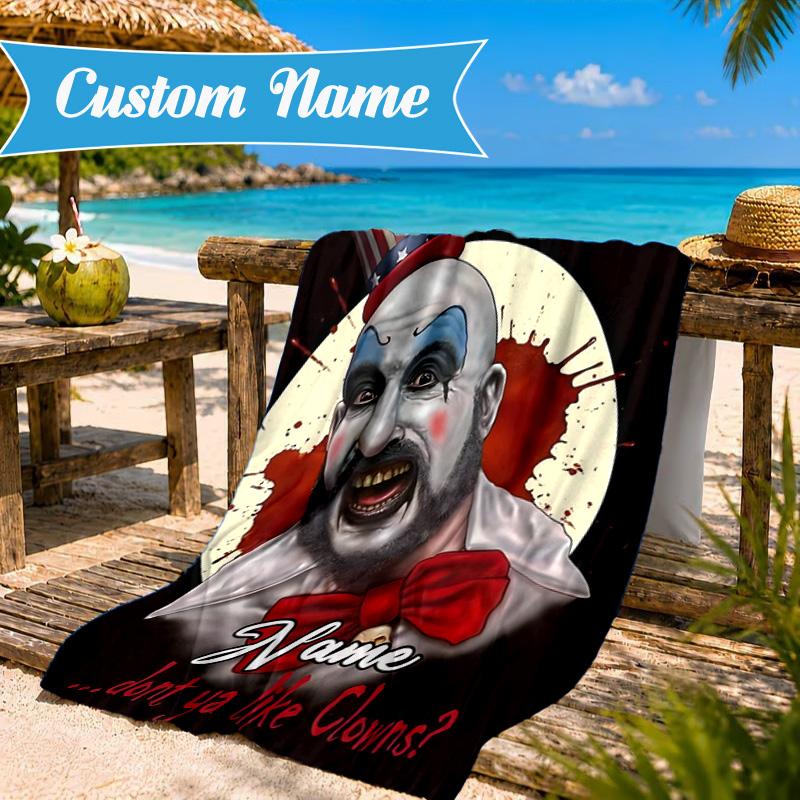 Custom Name Horror Clown Artwork Heart In Space Adventure Microfiber Beach Towel, Lightweight for Summer Travel, Swimming Pool Fan Gift