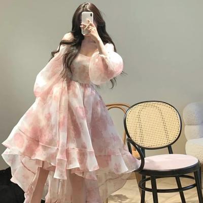 Sweet Princess Dress Fairy Birthday Dress Puff Sleeve Waist Dress Tail Dress