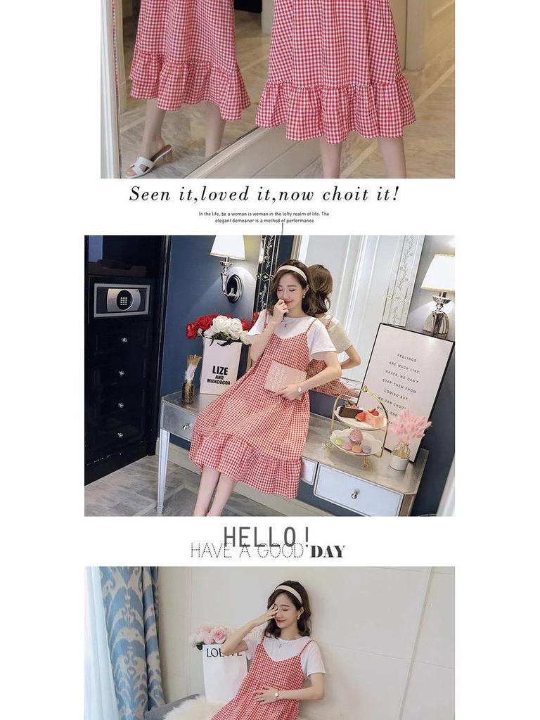 Koreanisches Karokleid für Übergrößen in der Schwangerschaft - Kurzärmelig, Zweiteiliger Look, Lockerer Schnitt, Rundhalsausschnitt