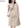 ZANZEA Women Plaid Print Casual Round Neck Sleeveless Dress