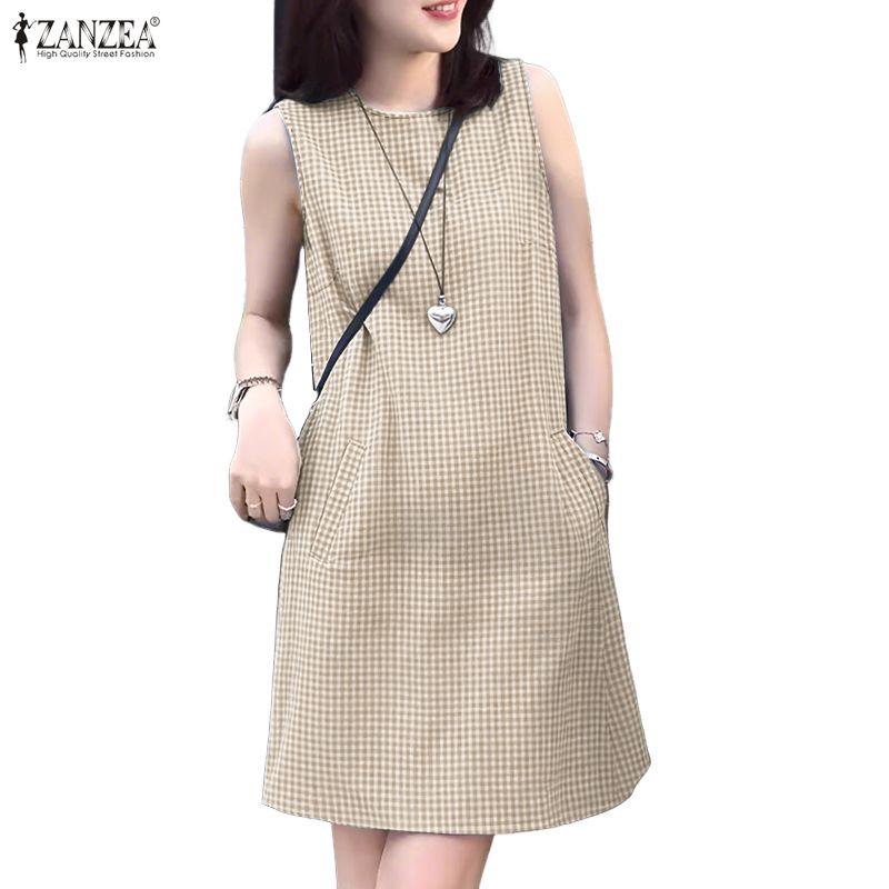 ZANZEA Women Plaid Print Casual Round Neck Sleeveless Dress