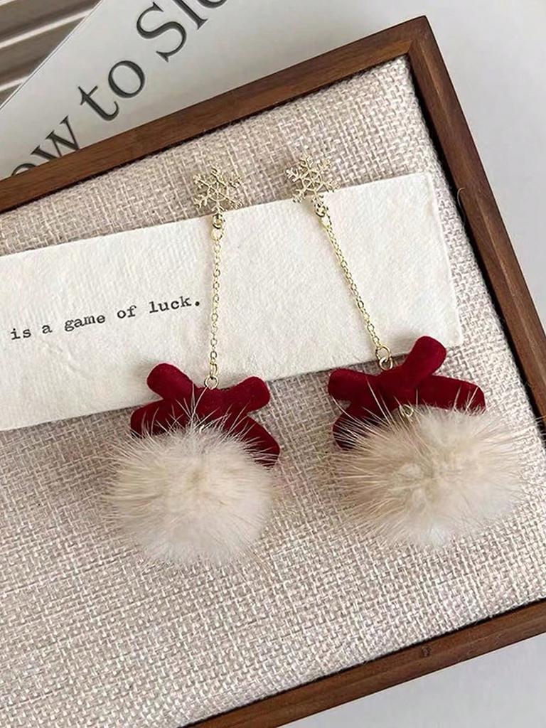 New Year Earrings With Snowflake Fur Balls For Women, Autumn And Winter Plush Earrings With Red Bow Earrings And Earrings