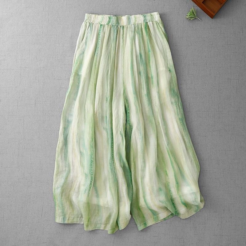 

2025 summer new segment dye cucumber color refreshing breathable elastic waist wide-leg pants women s loose literary casual pants M