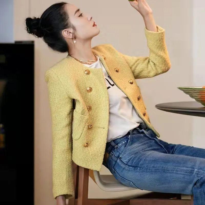 Sophisticated and Cute Round-necked Short Jacket with Double-breasted Buttons