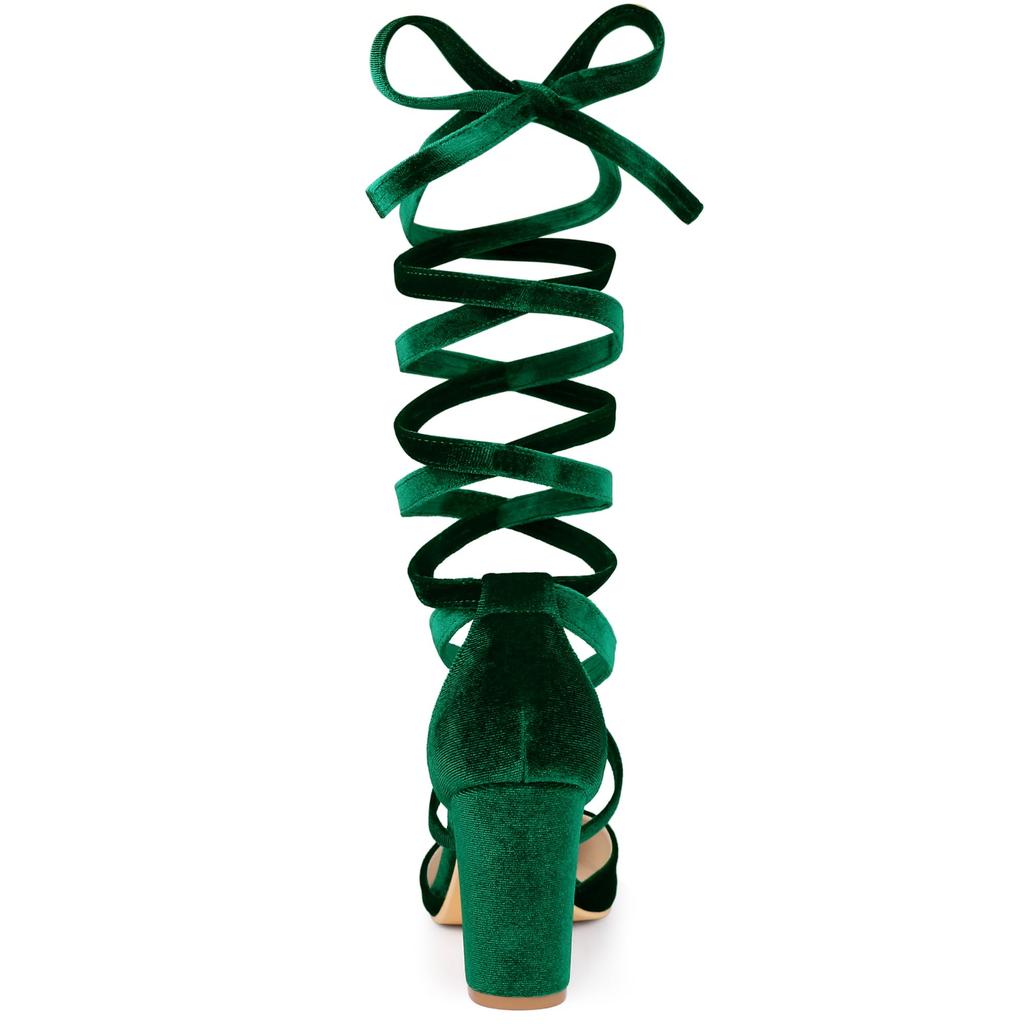 Allegra K Women's Velvet Lace-Up Chunky Heel Pointed Toe Pumps, Dark Green, Size 23.0cm