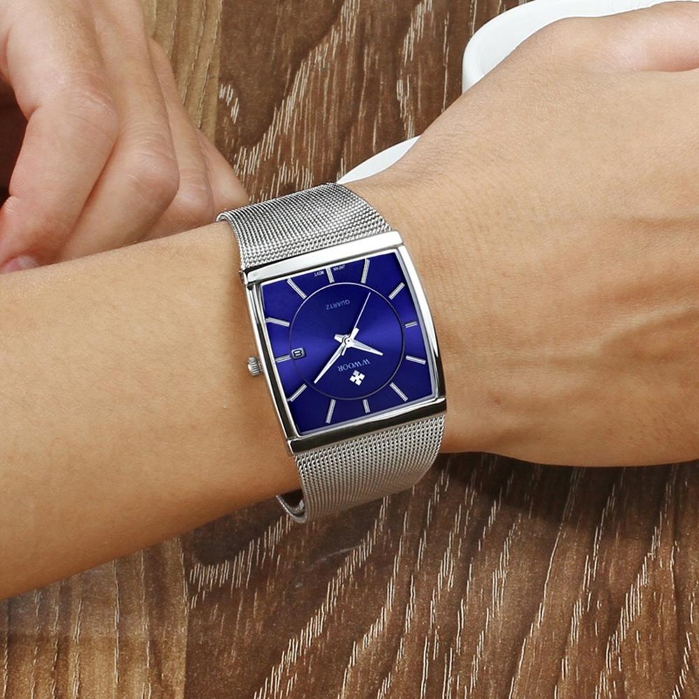Top Brand WWOOR Quartz Watch Men Square Waterproof Business Men's Watches Luxury Black Steel Strap Sport Wrist Watch