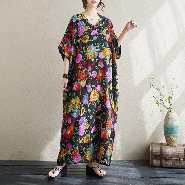 Vintage Floral Summer Dress Long Maxi Casual Loose Dresses for Women Plus Size Cotton Short Sleeve New In