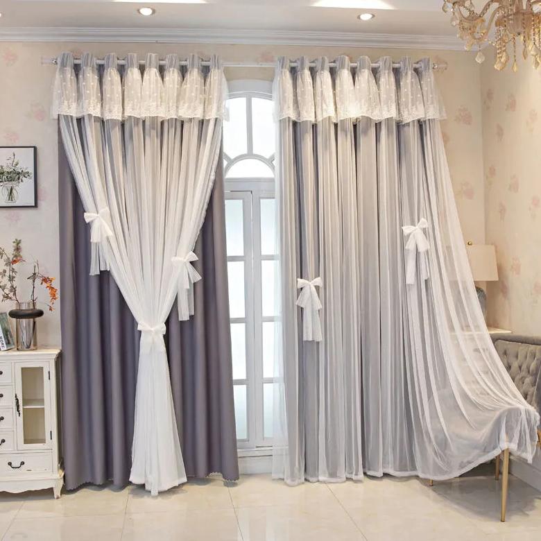 

2 шт., шторы на крючках, двухслойная тканевая пряжа, интегрированные плотные шторы, кружевные шторы принцессы для спальни, гостиной W200×H270cm×2pcs серый