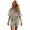 Women Blue & Green Greek Print Scalloped Edge Batwing Sleeve Shirt & Wrap Mini Skirt Set