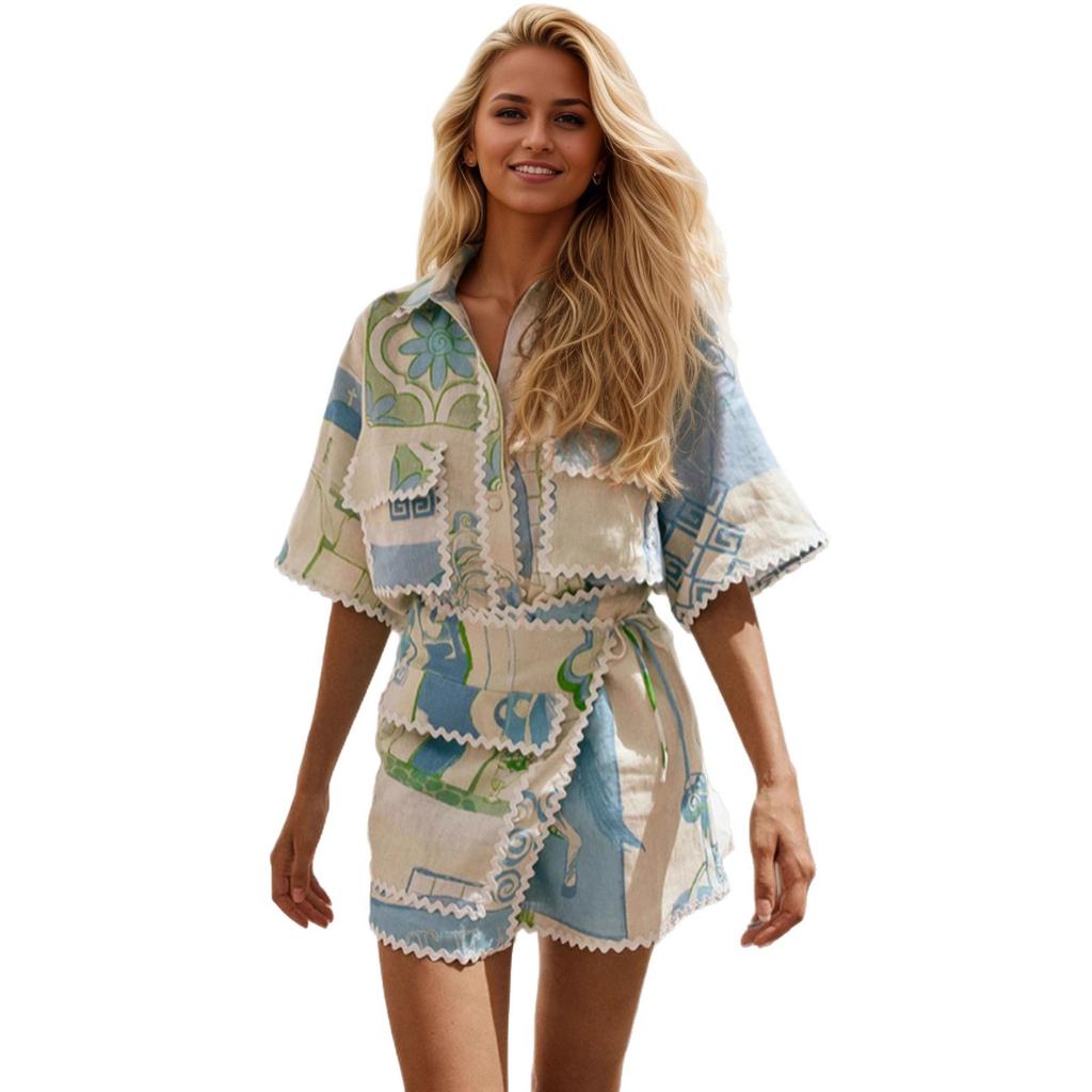 Women Blue & Green Greek Print Scalloped Edge Batwing Sleeve Shirt & Wrap Mini Skirt Set