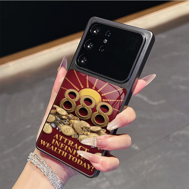 Stylish Wealth 888 Explosion Golden Pattern Orange Glass Phone Case for Samsung Galaxy S26 S25 Ultra S24 S23Plus S22 S21FE Cover