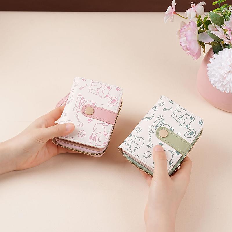 Japanese Cute Cat Pattern Wallet Simple Multi-Functional Short Wallet For Women