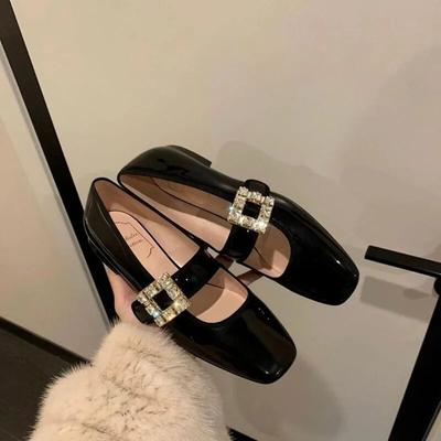 Women Elegant High-heeled Flat Shoes Female French Style Rhinestones Square Heel Shoes Lady Solid All-match Velvet Glossy Shoes