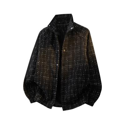 Men's Plaid Tweed Jacket Stand Collar Button Down Casual Oversized Coat