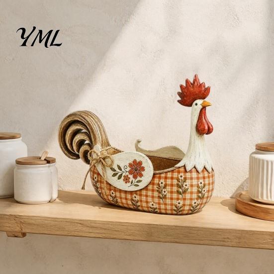 Landhausstil Geschirrhalter Vintage Bauernhaus Hahn Besteckhalter, Kochwerkzeug-Caddy, Rustikale Blumige Harz-Hühnerstatue für die Küche